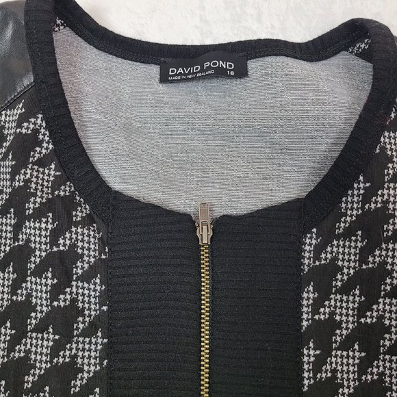 David Pond Houndstooth Black Front Full Zipper Long Sleeved Dress Size 16 - Picture 3 of 9